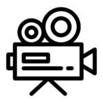 Pictogramme de caméra, représentant mes compétences en réalisation audiovisuelle live et en captation d’événements